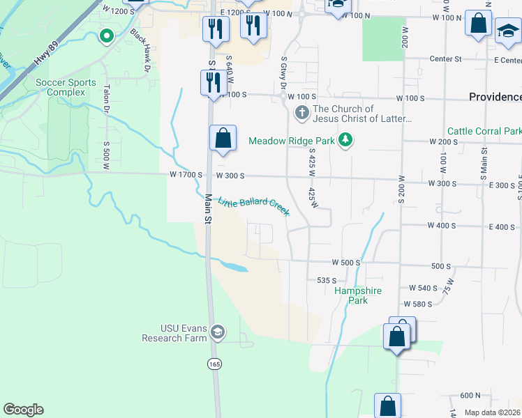map of restaurants, bars, coffee shops, grocery stores, and more near 500 West 400 South in Providence