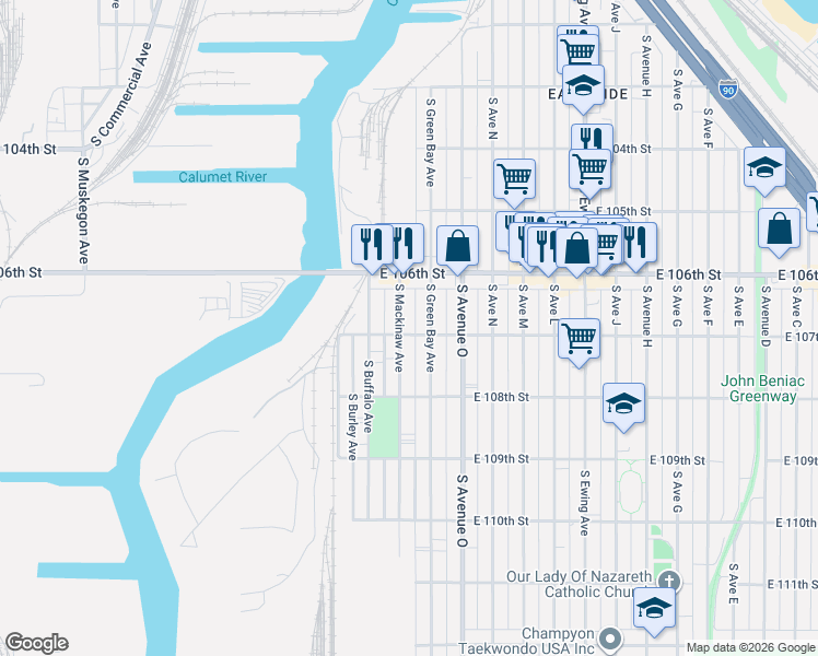map of restaurants, bars, coffee shops, grocery stores, and more near 10640 South Green Bay Avenue in Chicago