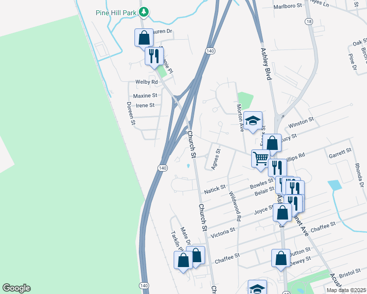 map of restaurants, bars, coffee shops, grocery stores, and more near 1261 Church Street in New Bedford