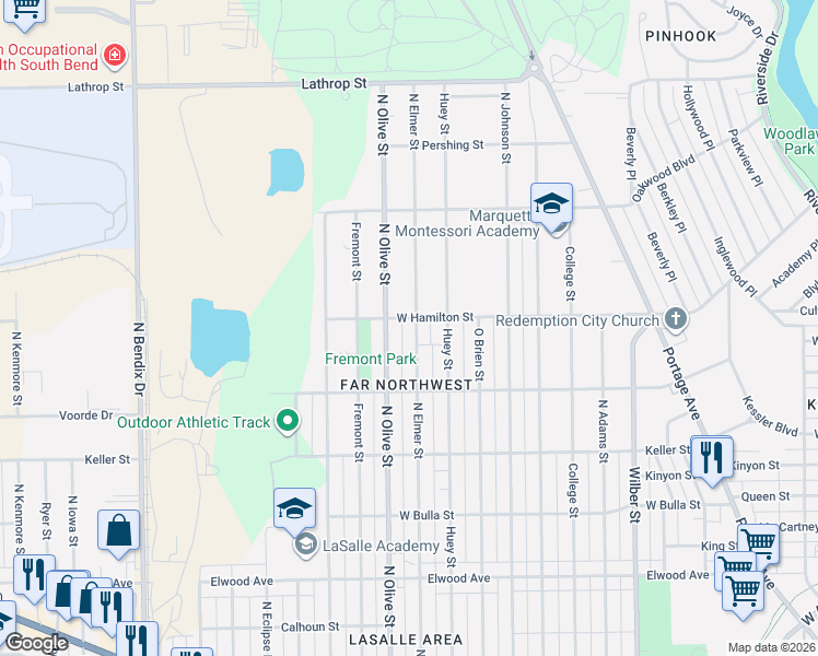 map of restaurants, bars, coffee shops, grocery stores, and more near 2301-2345 West Hamilton Street in South Bend