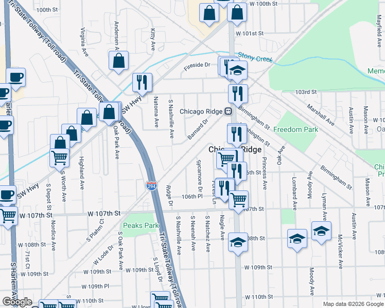 map of restaurants, bars, coffee shops, grocery stores, and more near 10421 Barnard Drive in Chicago Ridge