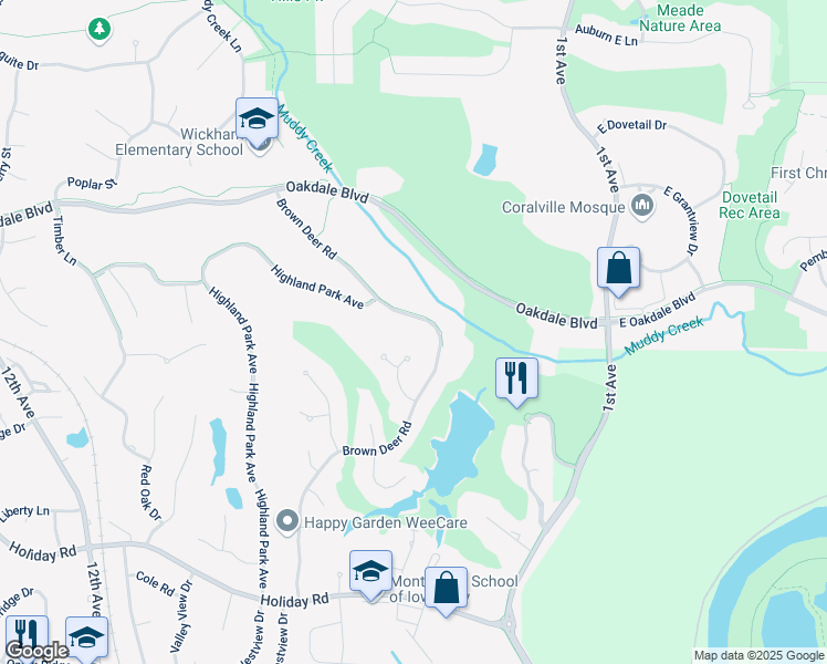 map of restaurants, bars, coffee shops, grocery stores, and more near 2040 Brown Deer Road in Coralville