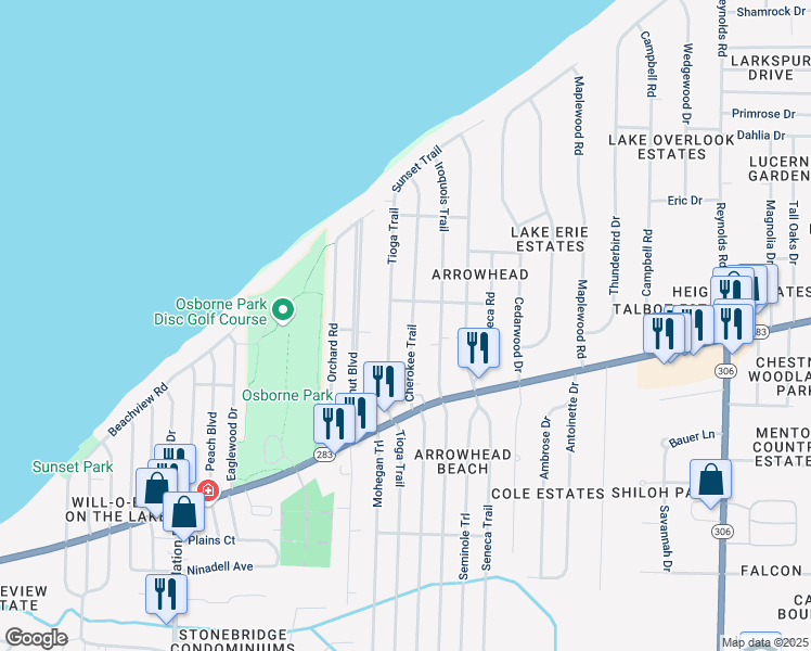 map of restaurants, bars, coffee shops, grocery stores, and more near 723 Cherokee Trail in Willoughby