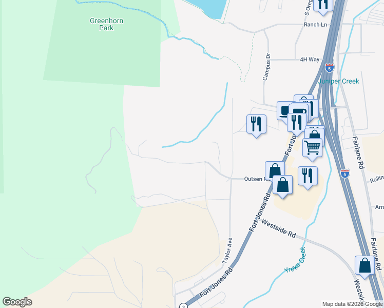 map of restaurants, bars, coffee shops, grocery stores, and more near 601 Outsen Road in Yreka