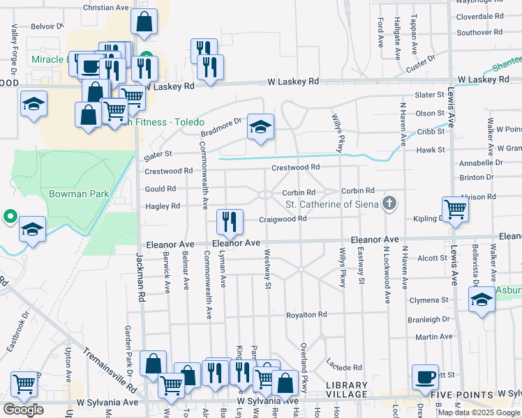 map of restaurants, bars, coffee shops, grocery stores, and more near 1488 Hagley Road in Toledo