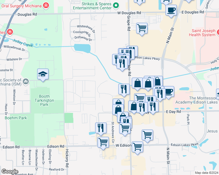 map of restaurants, bars, coffee shops, grocery stores, and more near 530 Tanglewood Lane in Mishawaka