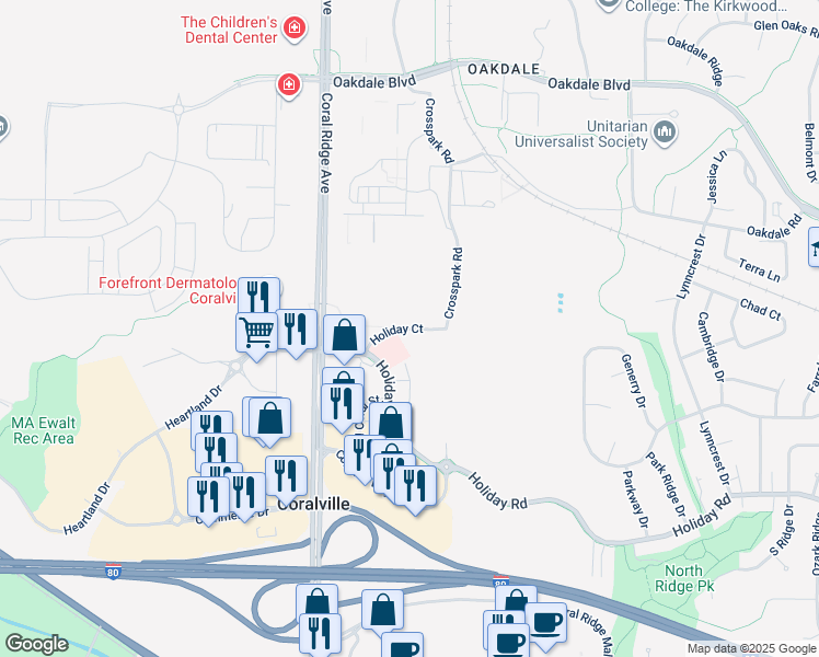 map of restaurants, bars, coffee shops, grocery stores, and more near Holiday Court in Coralville