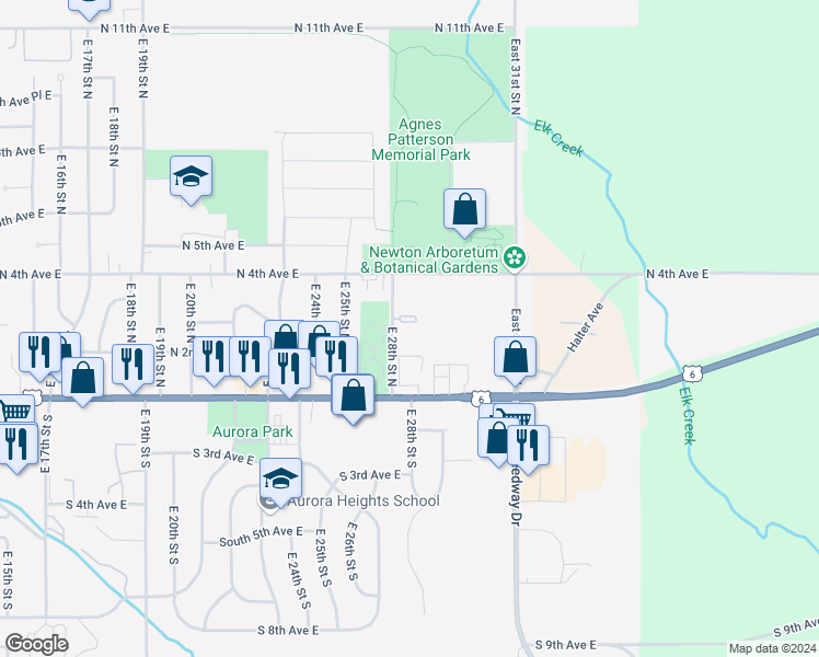 map of restaurants, bars, coffee shops, grocery stores, and more near 210 East 28th Street North in Newton