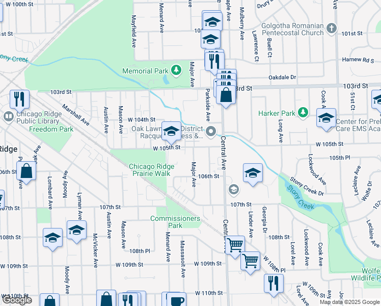 map of restaurants, bars, coffee shops, grocery stores, and more near 10506 Major Avenue in Chicago Ridge