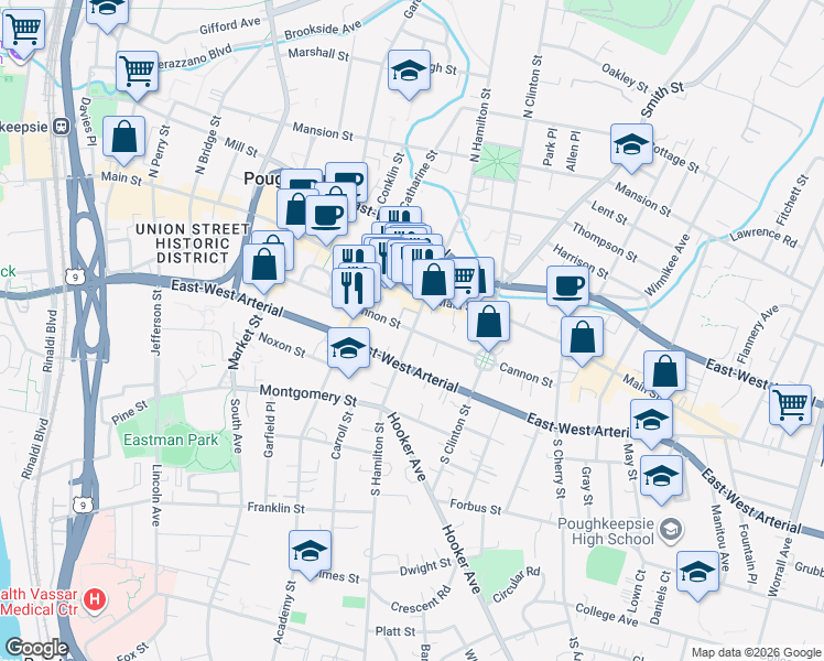 map of restaurants, bars, coffee shops, grocery stores, and more near 98 Cannon Street in Poughkeepsie