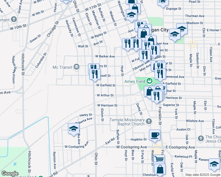 map of restaurants, bars, coffee shops, grocery stores, and more near 601-699 West Garfield Street in Michigan City