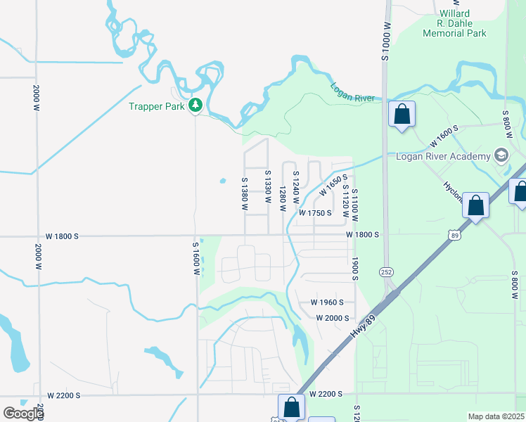 map of restaurants, bars, coffee shops, grocery stores, and more near 1341 West 1750 South in Logan