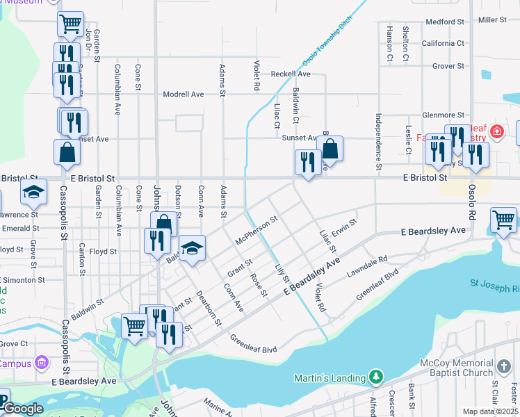 map of restaurants, bars, coffee shops, grocery stores, and more near 1400-1498 Van Buren Street in Elkhart
