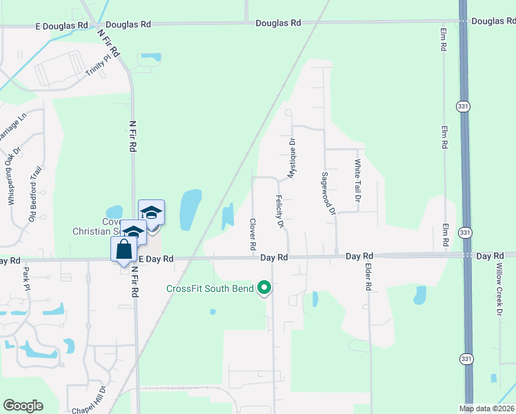 map of restaurants, bars, coffee shops, grocery stores, and more near 54537-54761 Clover Rd in Mishawaka