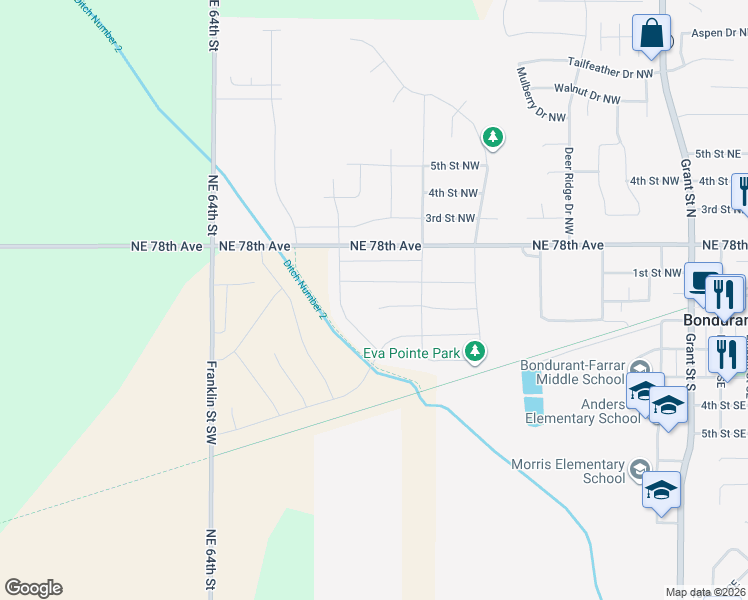 map of restaurants, bars, coffee shops, grocery stores, and more near 622 Alpha Street Northwest in Bondurant