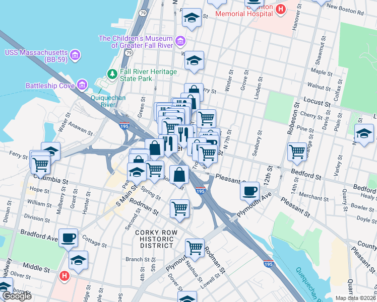 map of restaurants, bars, coffee shops, grocery stores, and more near 2 Government Ctr in Fall River