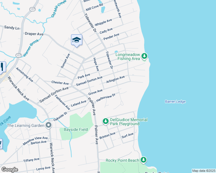 map of restaurants, bars, coffee shops, grocery stores, and more near 149 Grove Avenue in Warwick