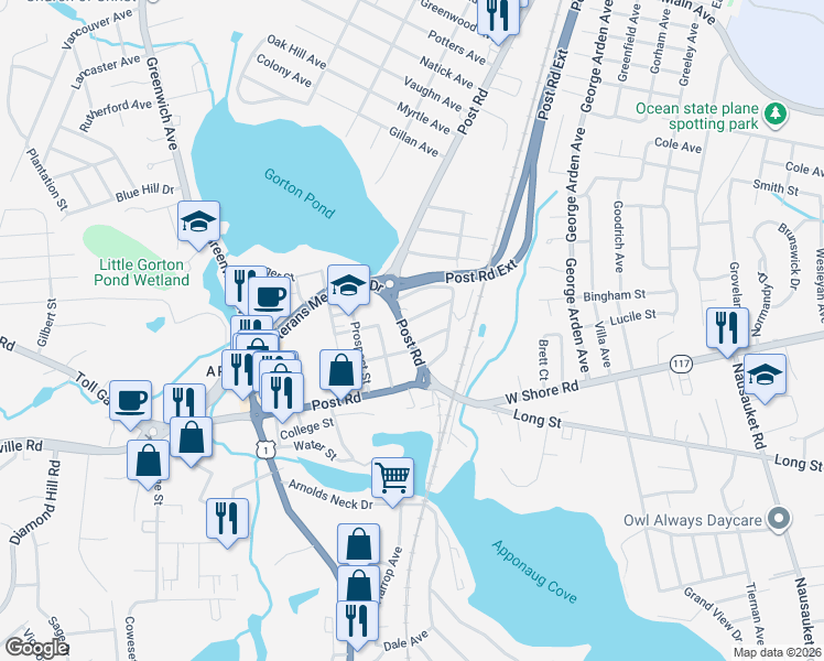map of restaurants, bars, coffee shops, grocery stores, and more near 3086 Post Road in Warwick