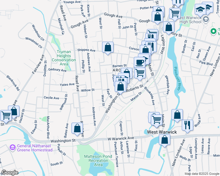 map of restaurants, bars, coffee shops, grocery stores, and more near 52 East Street in West Warwick