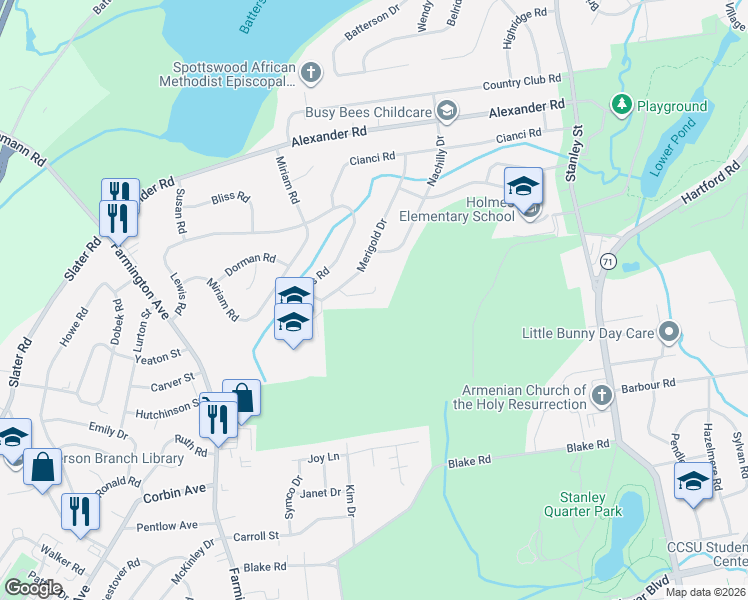map of restaurants, bars, coffee shops, grocery stores, and more near 34 Viola Lane in New Britain