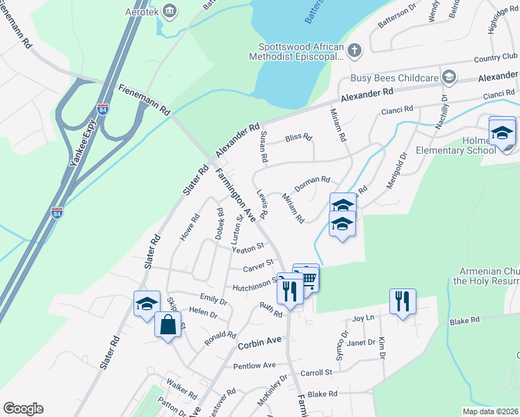 map of restaurants, bars, coffee shops, grocery stores, and more near 887 Farmington Avenue in New Britain