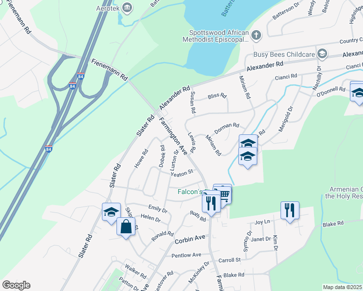 map of restaurants, bars, coffee shops, grocery stores, and more near 887 Farmington Avenue in New Britain