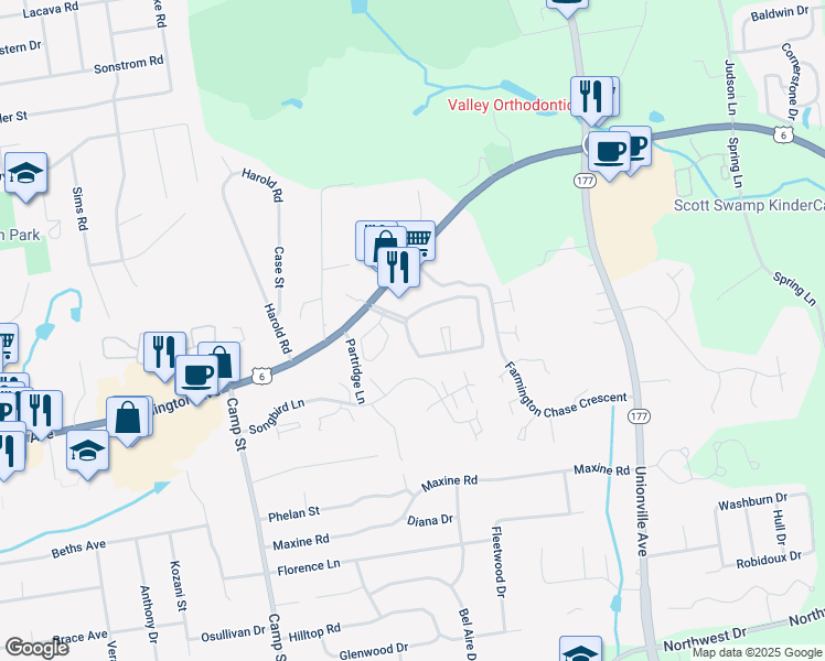 map of restaurants, bars, coffee shops, grocery stores, and more near 2 Florence Way in Farmington