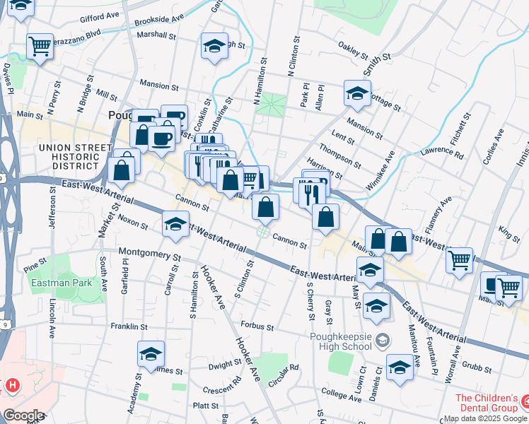 map of restaurants, bars, coffee shops, grocery stores, and more near 454-456 Main Street in Poughkeepsie