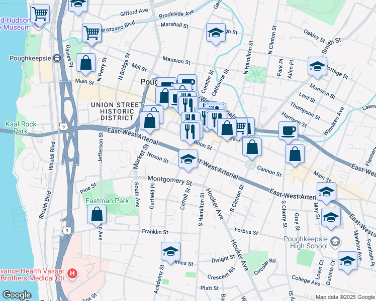 map of restaurants, bars, coffee shops, grocery stores, and more near 29 Academy Street in Poughkeepsie