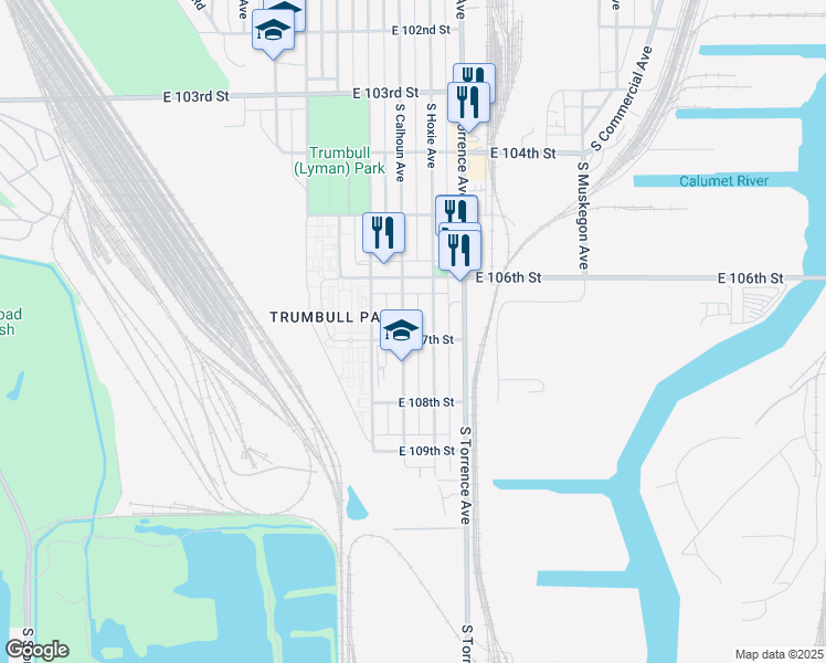 map of restaurants, bars, coffee shops, grocery stores, and more near 10638 South Hoxie Avenue in Chicago