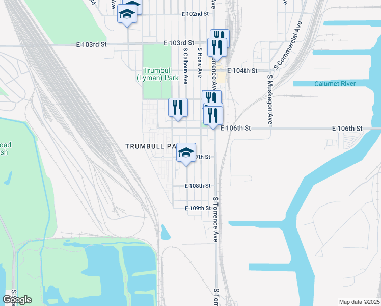 map of restaurants, bars, coffee shops, grocery stores, and more near 10638 South Hoxie Avenue in Chicago