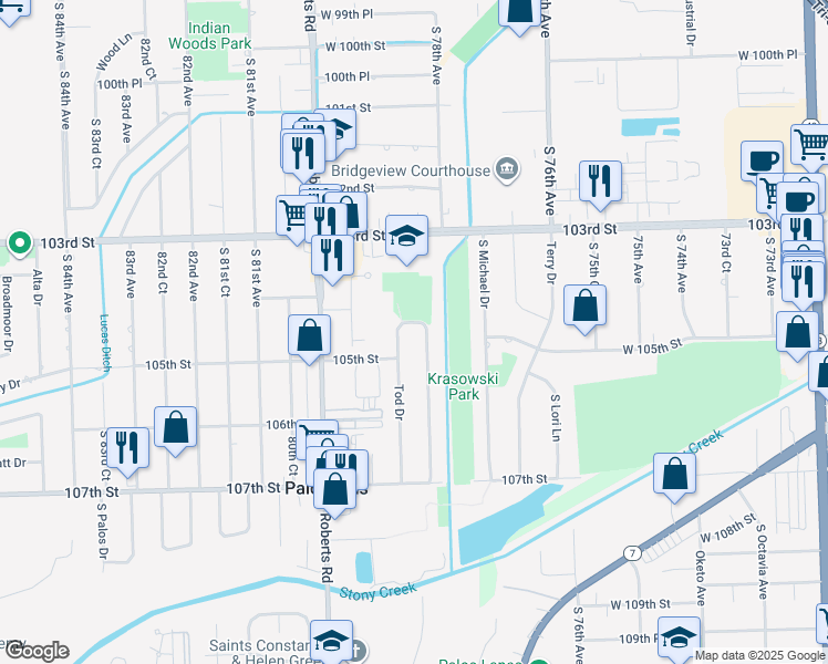 map of restaurants, bars, coffee shops, grocery stores, and more near 10427 Vicky Lane in Palos Hills