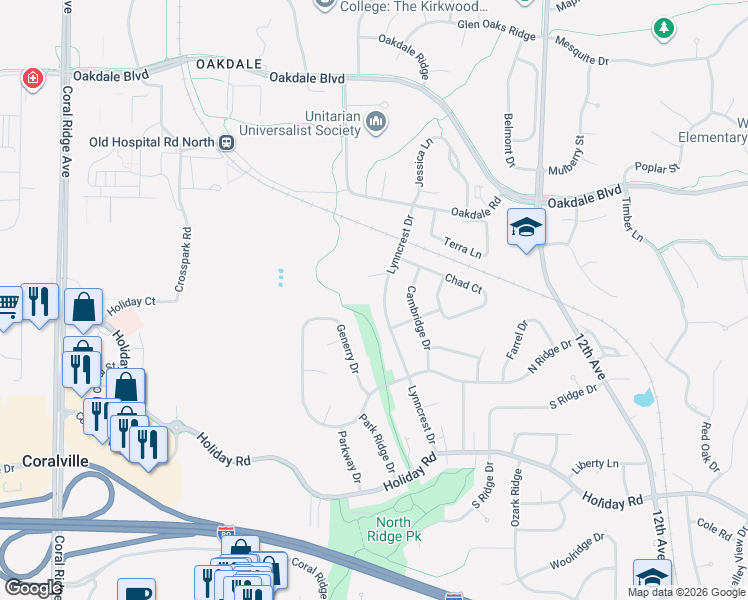 map of restaurants, bars, coffee shops, grocery stores, and more near 1882 Lynncrest Drive in Coralville