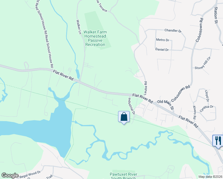 map of restaurants, bars, coffee shops, grocery stores, and more near 1655 Flat River Road in Coventry