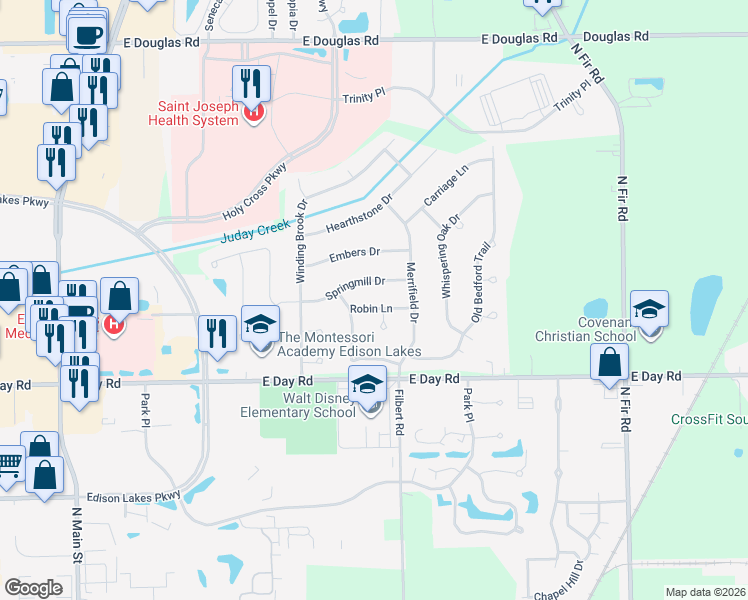 map of restaurants, bars, coffee shops, grocery stores, and more near 15600-15656 Springmill Dr in Mishawaka