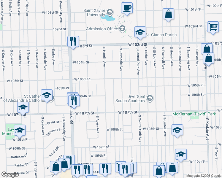 map of restaurants, bars, coffee shops, grocery stores, and more near 10525 South Hamlin Avenue in Chicago