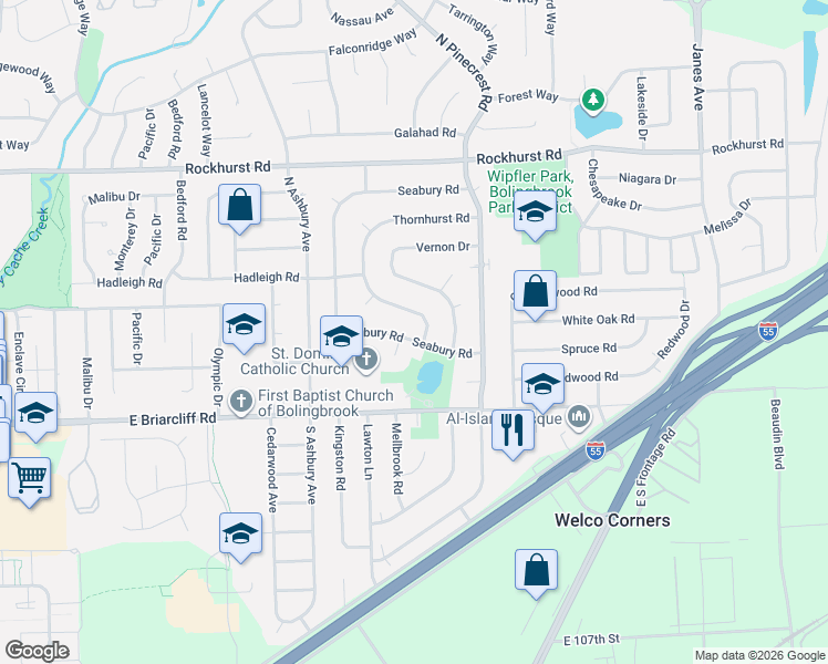 map of restaurants, bars, coffee shops, grocery stores, and more near 119 Thornhurst Road in Bolingbrook