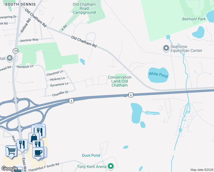 map of restaurants, bars, coffee shops, grocery stores, and more near 39 Cyprus Road in Dennis