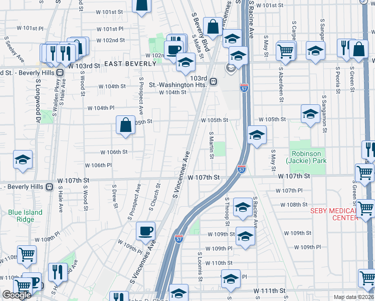 map of restaurants, bars, coffee shops, grocery stores, and more near 10558 South Vincennes Avenue in Chicago