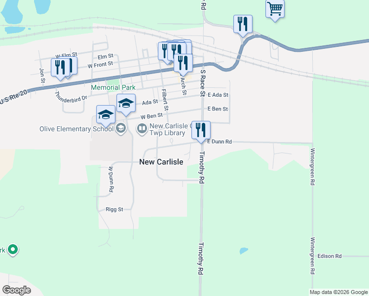 map of restaurants, bars, coffee shops, grocery stores, and more near 201-273 West Dunn Road in New Carlisle