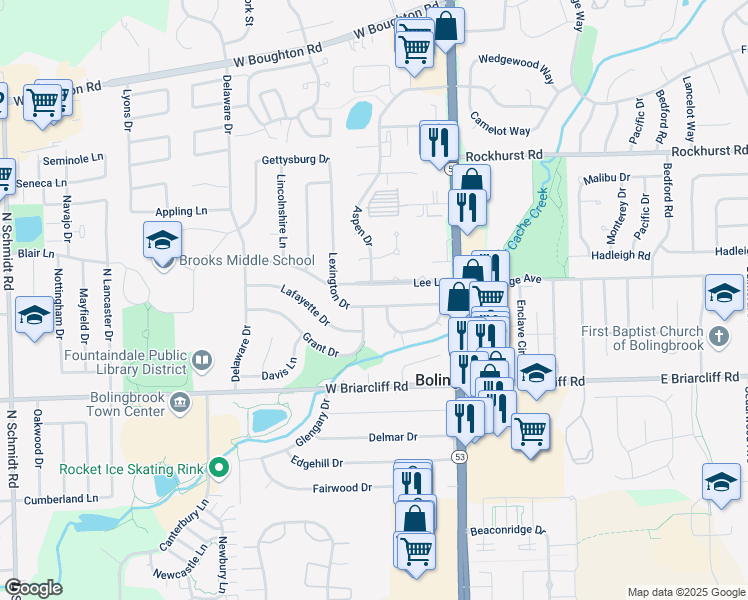 map of restaurants, bars, coffee shops, grocery stores, and more near 127 Lee Lane in Bolingbrook
