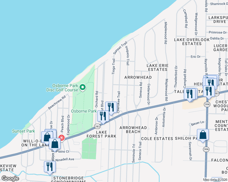 map of restaurants, bars, coffee shops, grocery stores, and more near 743 Tioga Trail in Willoughby