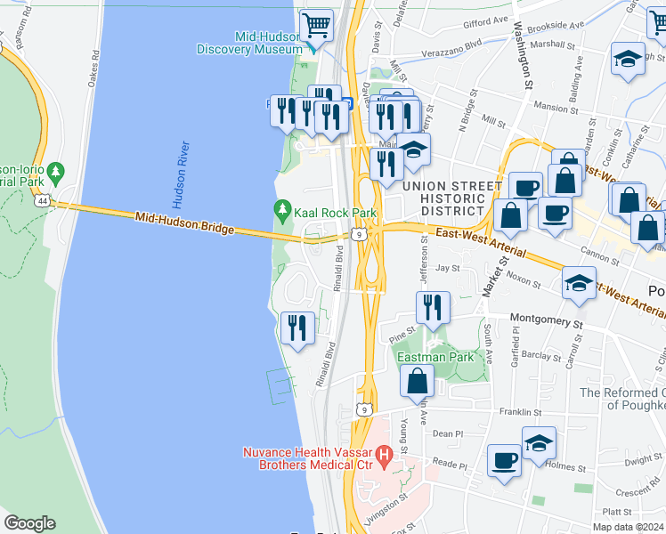 map of restaurants, bars, coffee shops, grocery stores, and more near 86 Rinaldi Boulevard in Poughkeepsie