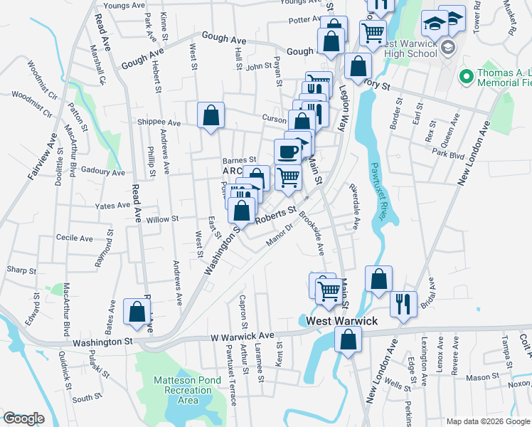 map of restaurants, bars, coffee shops, grocery stores, and more near 199 Washington Street in West Warwick