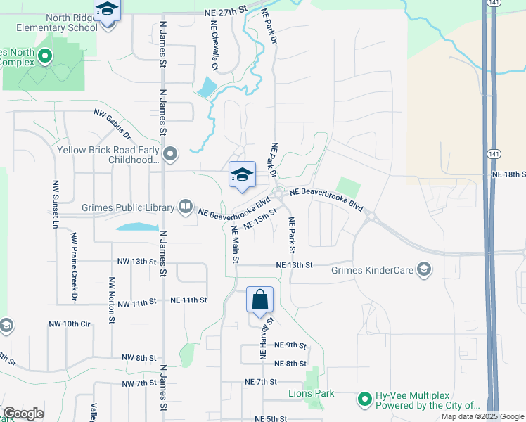 map of restaurants, bars, coffee shops, grocery stores, and more near 604 Northeast 15th Street in Grimes