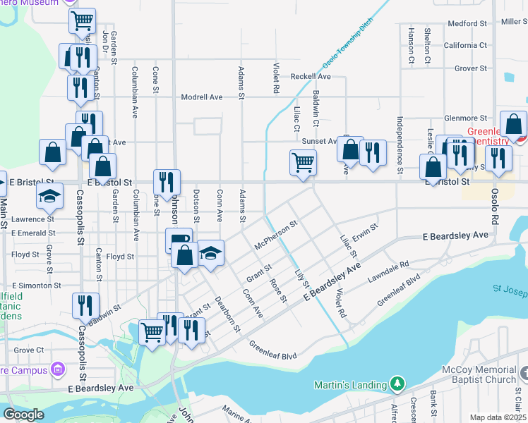 map of restaurants, bars, coffee shops, grocery stores, and more near 1400 Van Buren Street in Elkhart