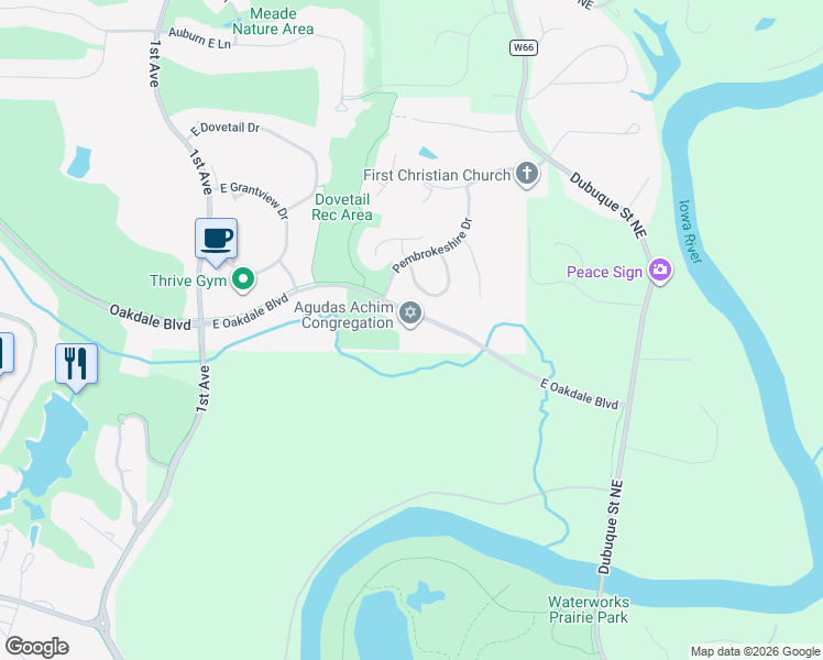 map of restaurants, bars, coffee shops, grocery stores, and more near 401 East Oakdale Boulevard in Coralville