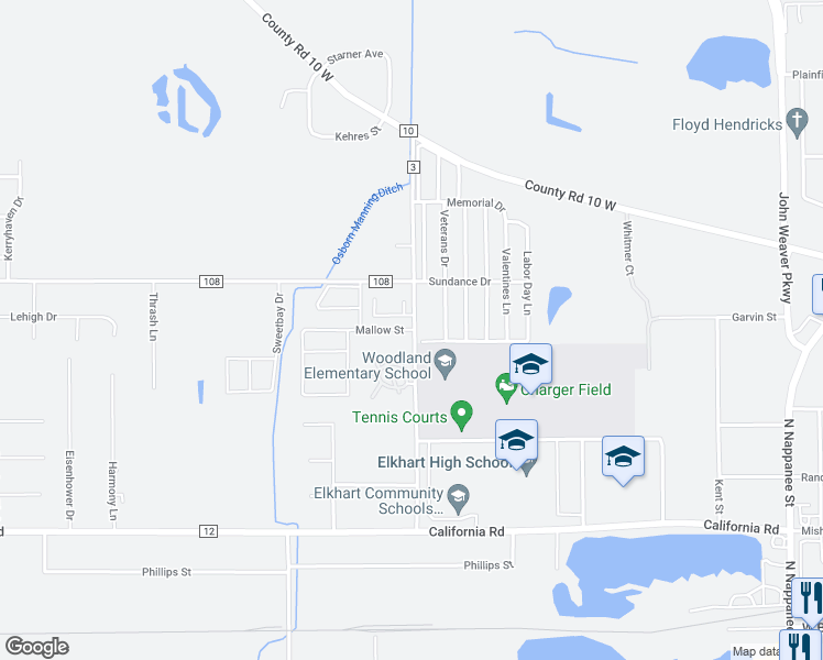 map of restaurants, bars, coffee shops, grocery stores, and more near 2805 Mallow Street in Elkhart