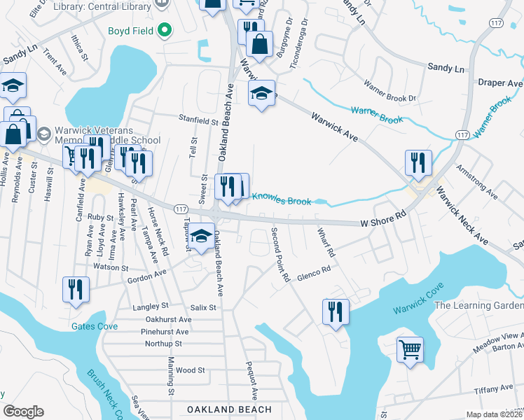 map of restaurants, bars, coffee shops, grocery stores, and more near 2001 West Shore Road in Warwick