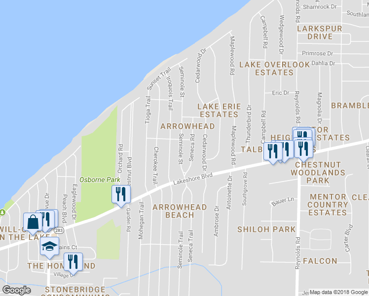 map of restaurants, bars, coffee shops, grocery stores, and more near 6253 Seminole Trail in Mentor